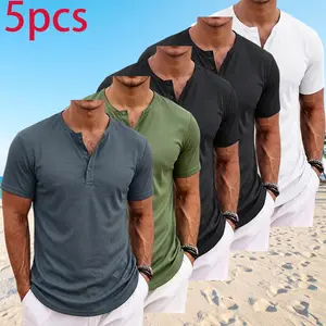 5-Pack Men’s Casual Henley Shirts, Short Sleeve, Button Placket, Breathable Fabric — Ideal for Beach Vacations and Everyday Wear Plain Shortsleeve Tropical Polo Top Menswear Wetsuit Wetsuit Beige,summervibes
