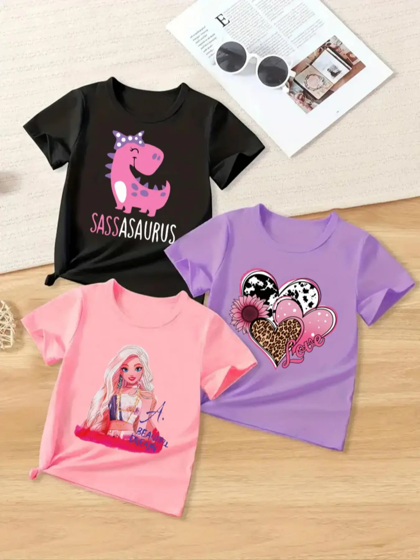 Girl's Cartoon Figure & Heart & Letter Print Round Neck Tee, Casual Short Sleeve T-shirt for Summer, Kids Clothes for Daily Wear