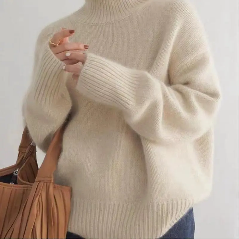 Lady's Thick Knitting Casual Pullover Sweater, Autumn Winter Turtleneck Tops, Loose Lazy Style Base Layer Outerwear for Sports & Outdoor Activities, Piece, Everyday, Fit, Long Sleeve
