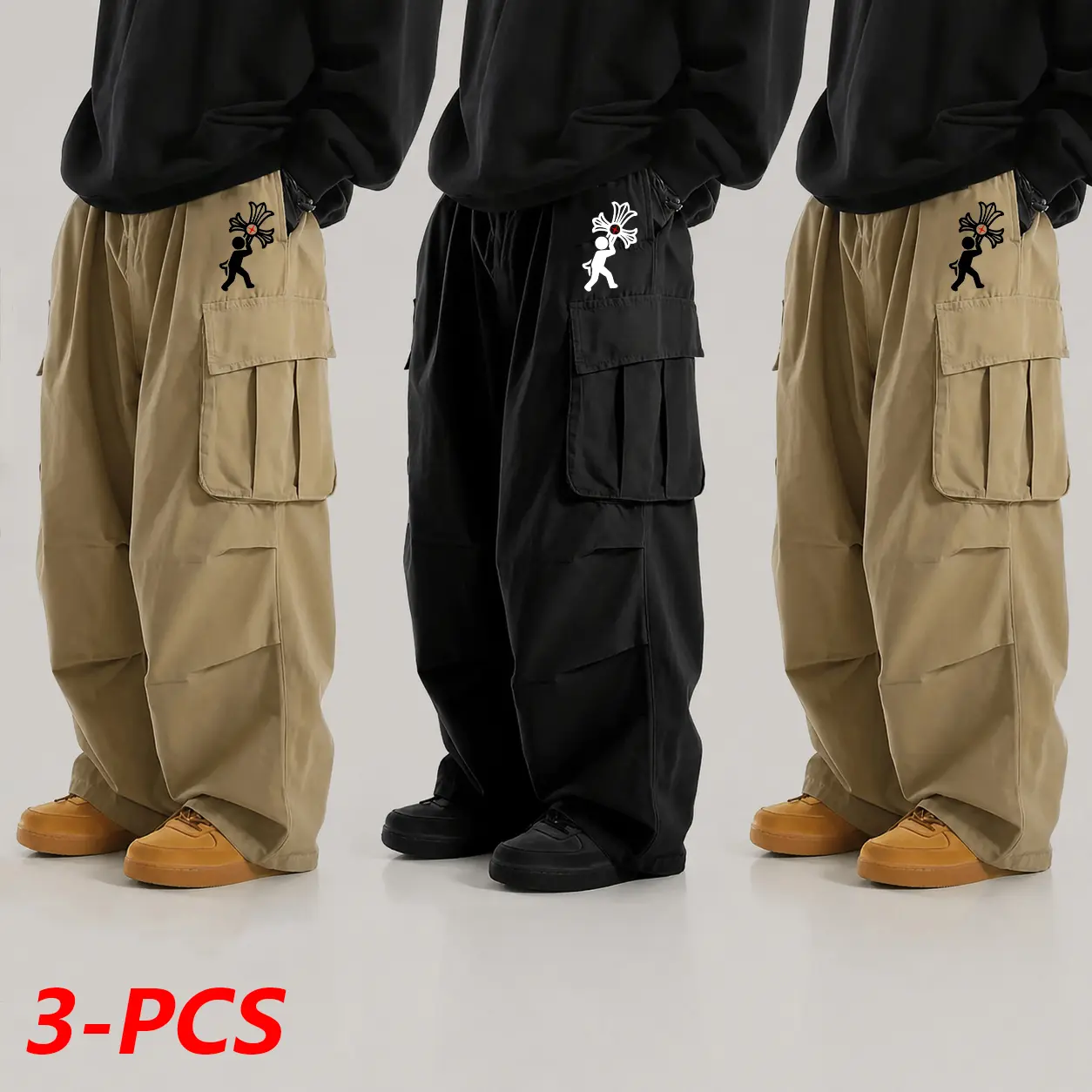 3-pack men’s casual cargo pants featuring multiple pockets and an elastic waistband; trendy casual wear with a cross pattern print. Unisex Y2K American retro-style pants—fashionable and practical, suitable for everyday outfits.