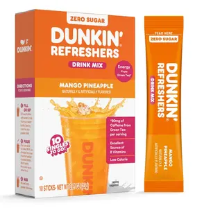 Dunkin’ Zero Sugar Refreshers Singles To Go! Powdered drink mix packets,10 packets per box Energy from Green Tea, aspartame-free, no synthetic colors, naturally and artificially flavored, just add water
