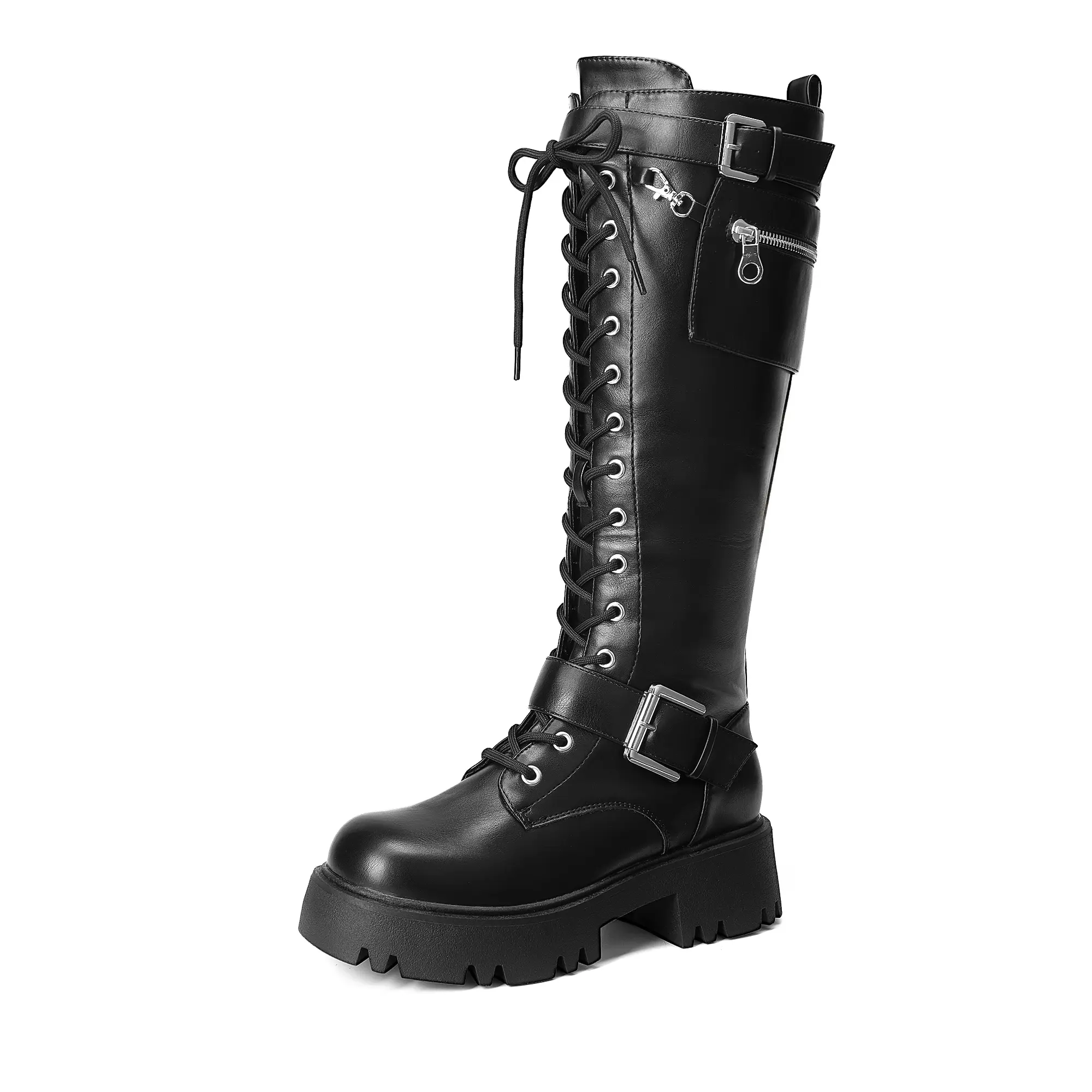 Dream Pairs Women's Knee High Platform Gothic Combat Boots - Lace-Up Biker Style, Lug Sole, Side Zipper, Removable Pocket, Cushioned Insole, Alternative Style Shoes for Alt Girls, Cool Girl Aesthetic Rock Footwear, Rock Style