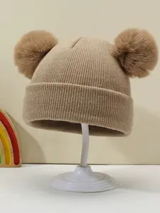 Baby Winter Warm Knit Beanie with Fuzzy Ball, Unisex Toddler Hat, Hand Wash, Elastic Fit for 0-3 Years, Fall & Winter Season, Knitting Beanie Beanies