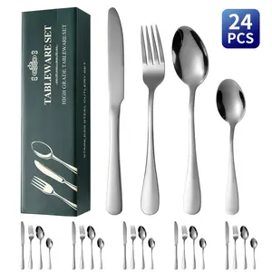 24pcs Stainless Steel Silver Color Cutlery Set, Unique Handle Design, Suitable for 6 People, Dishwasher Safe, Ideal for Home and Events