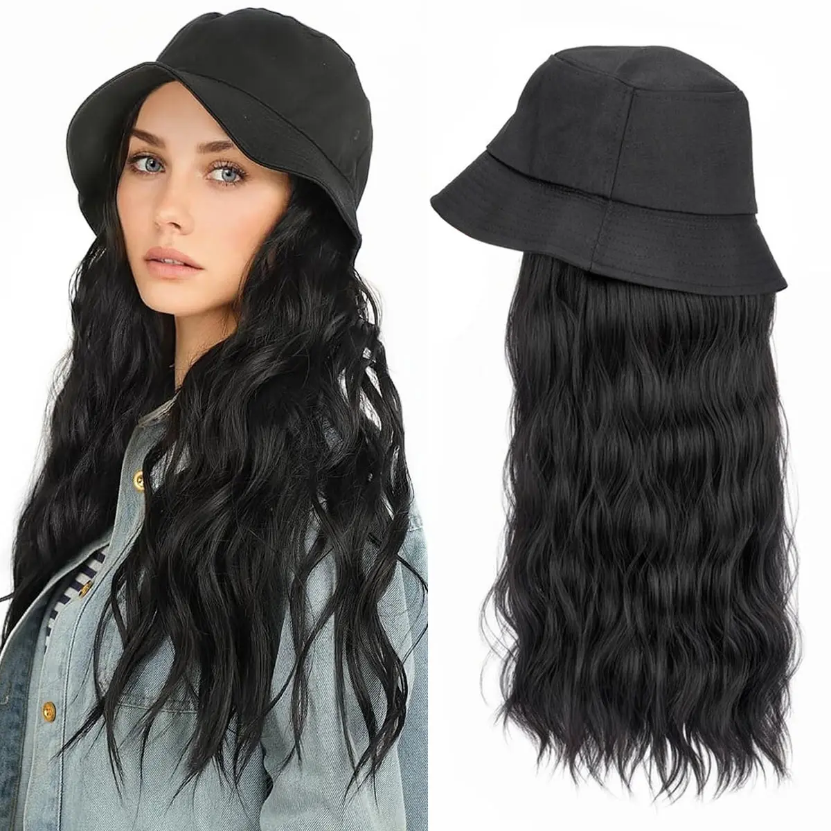 MY-LADY Water Wave Bucket Hat Wig for Women, 18-Inch Glueless Long Synthetic Hair Extension, Heat Resistant for Daily Use & Cosplay, Synthetic Fiber Wig, Hat Wigs campingessentials