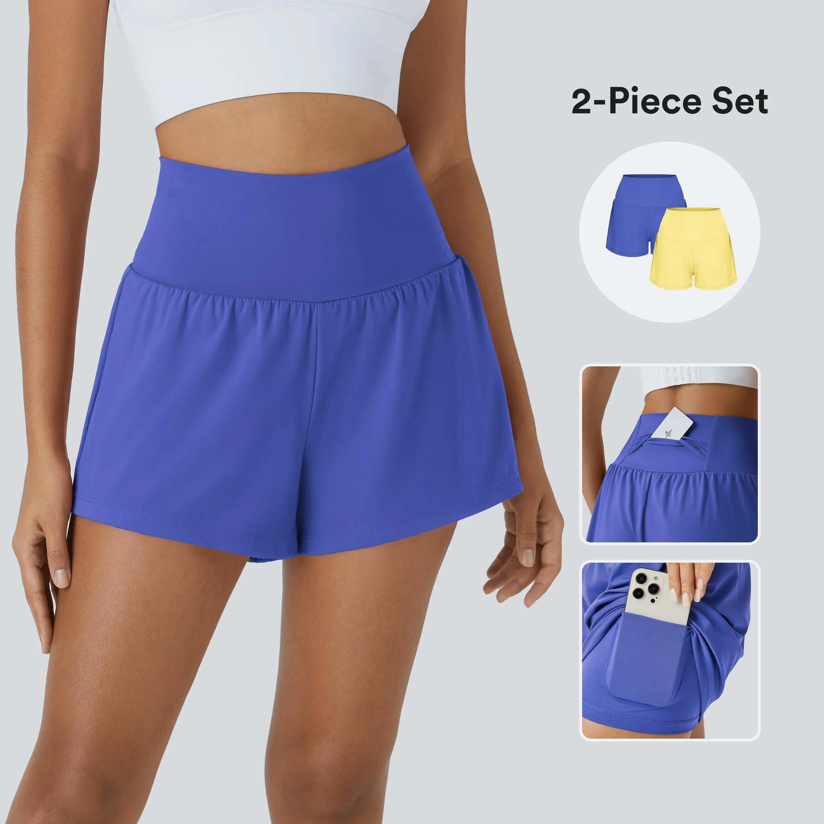 Halara 2-Piece Super High Waisted Back Pocket & Side Hidden Pocket 2-in-1 Yoga Shorts 3" Set