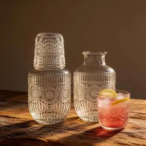 Large Capacity Vintage Embossed Glass Bedside Carafe & Tumbler Set, Bottles - Hotel-Grade Thickened Explosion-Proof Water Pitcher with Dustproof Inverted Cup, High-End 1-Piece Drinkware for Bedroom Nightstand/Living Room Hosting, Ideal Housewarming Gift