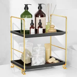2-Tier Bathroom Countertop Organizer, Tool-Less Installation Premium Plastics Makeup Shelf Organizer Perfume Skincare for Dresser Vanity Tray Organizers and Storage (Gold & Black)