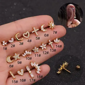 1Pc Gold And Silver Color CZ Cartilage Stud Earring For Women Girls Moon Star Conch Tragus Stud Helix Ear Piercing Jewelry
