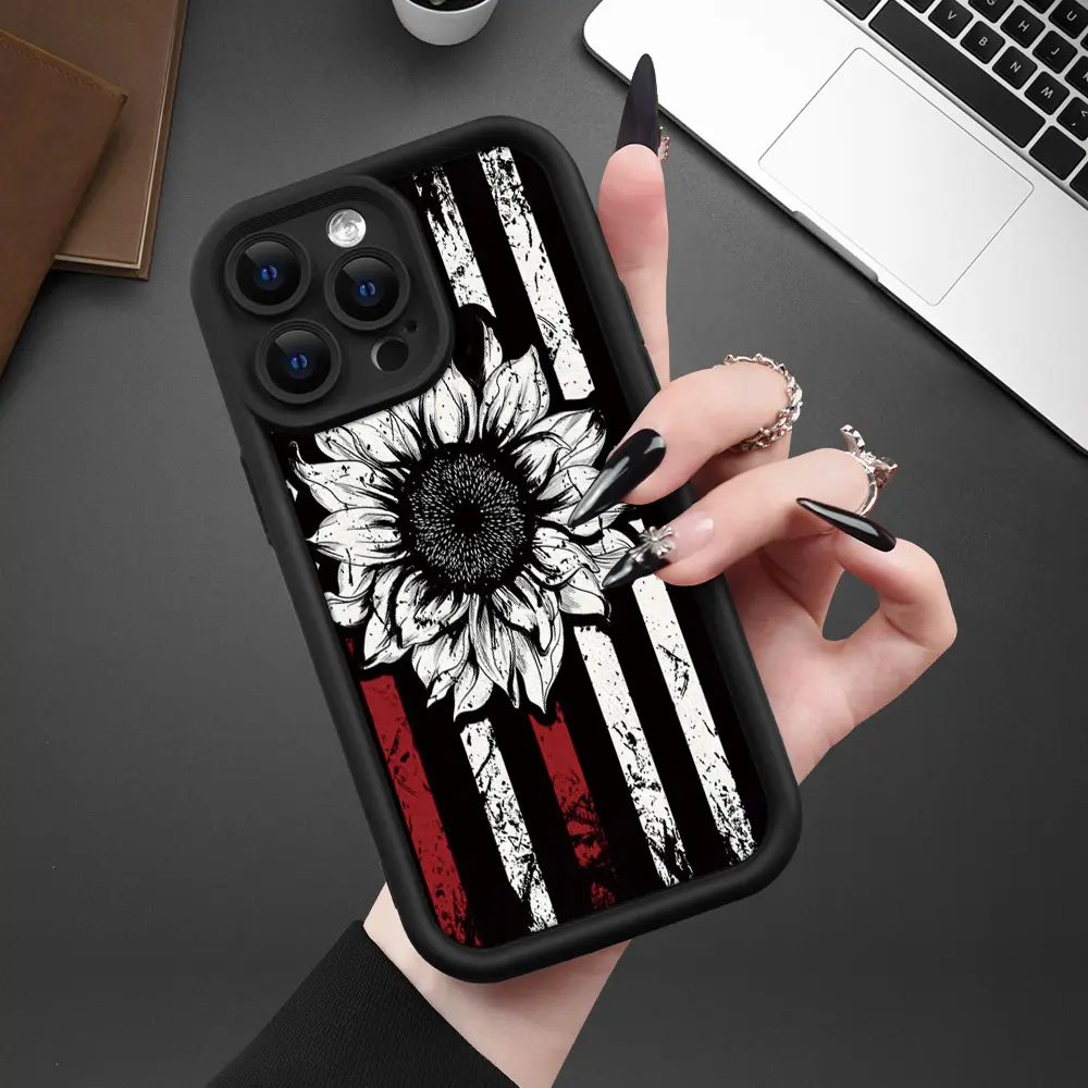 Soft Silicone Smartphone Casing for iPhone 16 Pro Max,15 Plus,14,13,12,11,XR,XS - Stylish Sunflower & American Pattern, Full Body Shockproof Handheld Devices Accessory, Valentine Gift for Women