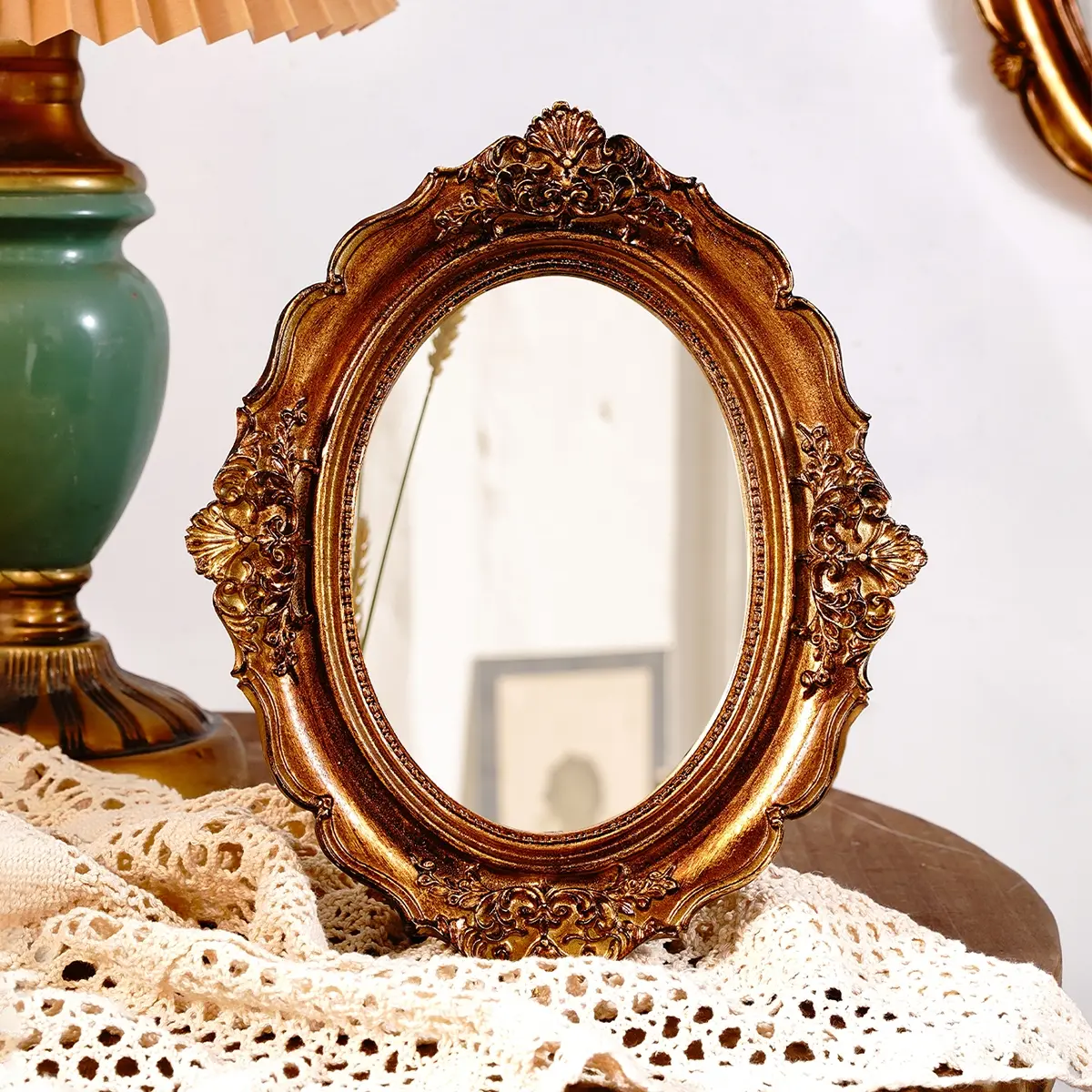 Elegant Oval Mirror Decorative Piece, Home Decor Mirror, Round Mirror, Vintage Copper Color Resin Frame, Ideal for Makeup Table Storage & Photography Props