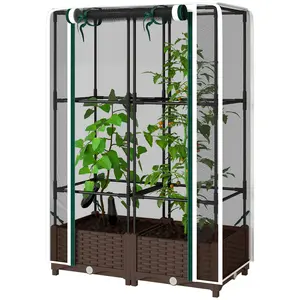 White Self-Watering Raised Garden Bed with Trellis, 46.5in Tomato Cage, Drainage Holes, Heavy-Duty Rolling Base - Outdoor Planter Box for Patio, Deck Home Garden Supplies