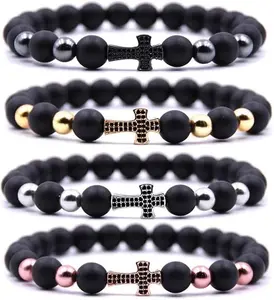 4PCS Natural Stone Beaded Bracelet Set with Cross Charm – Lava Rock, Turquoise & Tiger Eye, 8mm Elastic Stretch Bracelets for Women & Men, Everyday Wear Gift