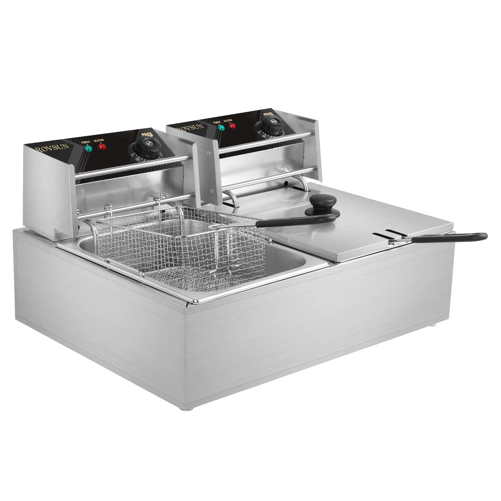 ROVSUN 22.8 Qt Capacity Rectangular Corded Electric Deep Fryer, 21.6L Countertop Commercial Stainless Steel Dual Tank Machine with Baskets & Lids, 110V Plug, 5000W Adjustable Temperature Fryer for French Fries, Deep Fryer Pot