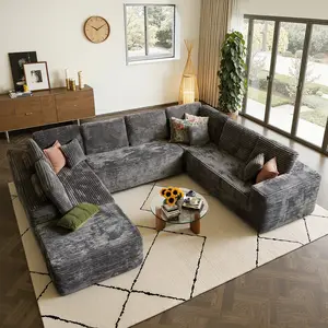 Oversized Sleeper Sofa with Ottoman&Chaise, U Shaped 5/7 Seat Modular Sectional Boneless Couch for Living Room, Large size Space, Cloud Corduroy Fabric, No Assembly Needed, Soft Pillows