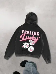 Cotton Hooded Sweatshirt with Dice Print, Zipper Design, Washed Vintage Style, Men's Spring & Fall Casual Clothing