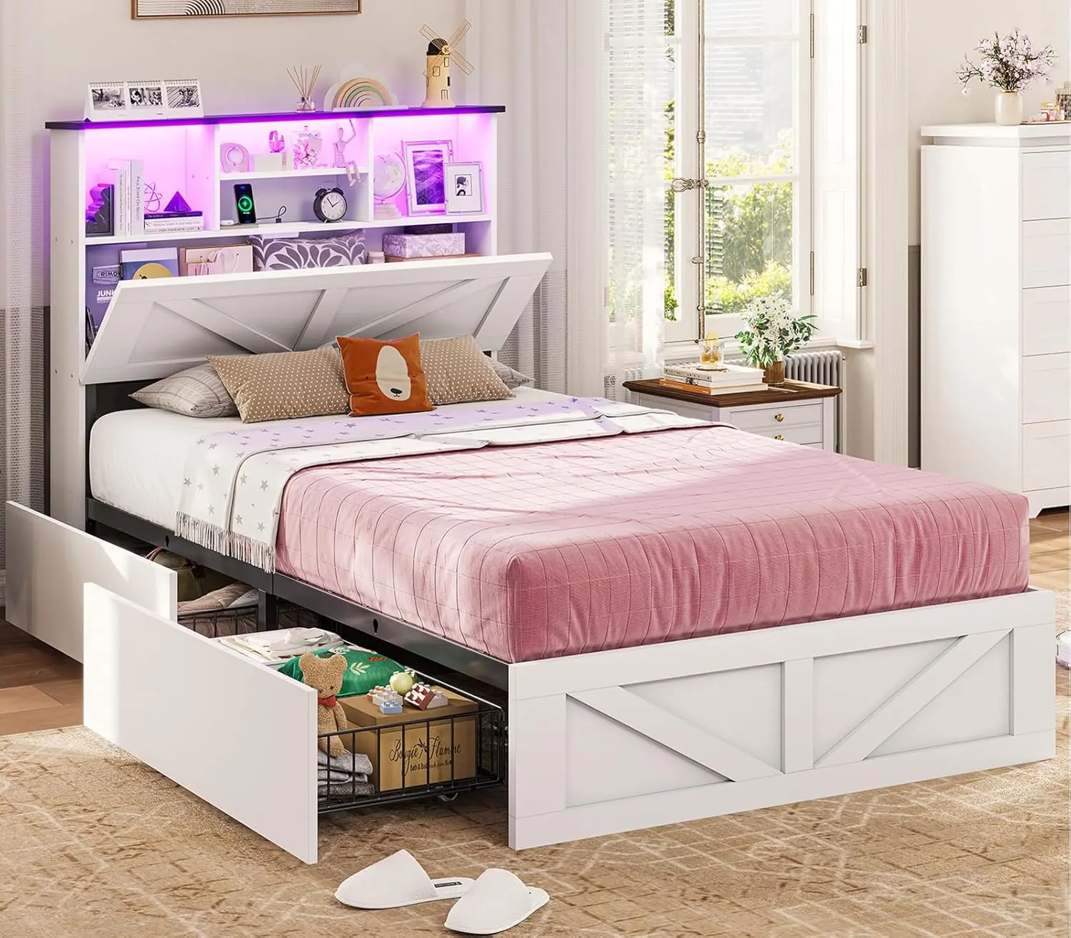 AOGLLATI White Farmhouse Wood-Framed Twin Bed Frame with Bookcase Storage Headboard, Charging Station, LED Lights, 4 Drawers, Barn Door Design, No Box Spring Needed, Noise-Free, Wood-Framed Bed Frames,dorm essentials,home decor