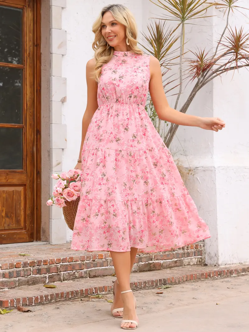 navy blue dress for baby girl Pink High Neck Ruffle Tiered A-Line Midi Dress main image 0