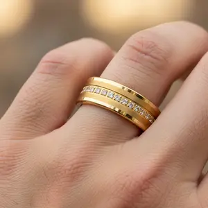 Yellow Gold Tungsten Wedding Band 8mm Tungsten Men's Engagement Ring Round CZ Inlay Anniversary Band Free Engraving Men's Eternity Band