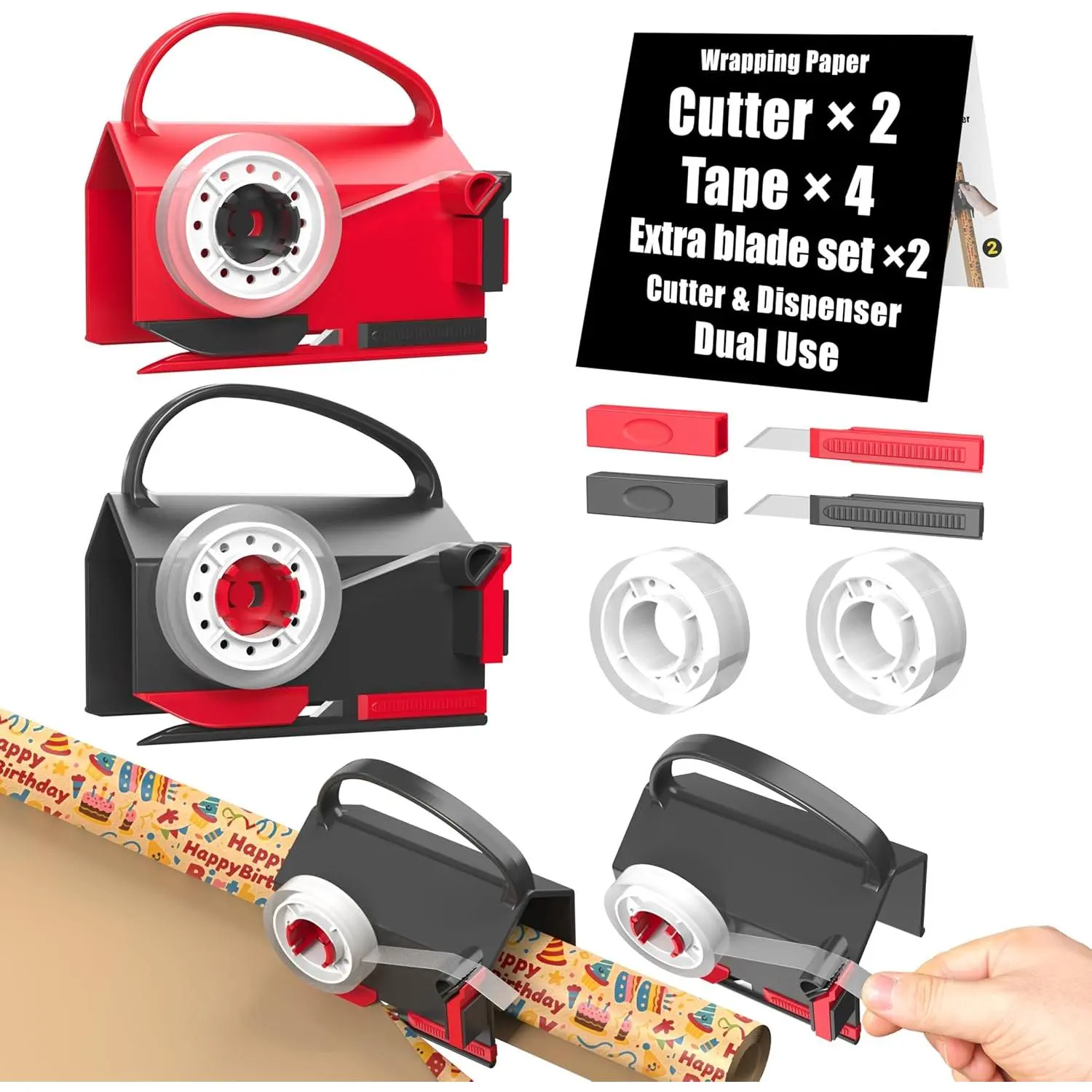 (2-Pack) Wrapping Paper Cutter & Tape Dispenser Dual Use with 4 Tapes，2 Replace Blades Kit for Christmas Gift Wrap Cutter Tool Paper Roll Holder Tube Sliding Slicing for Birthday Holiday., Cutting Supplies