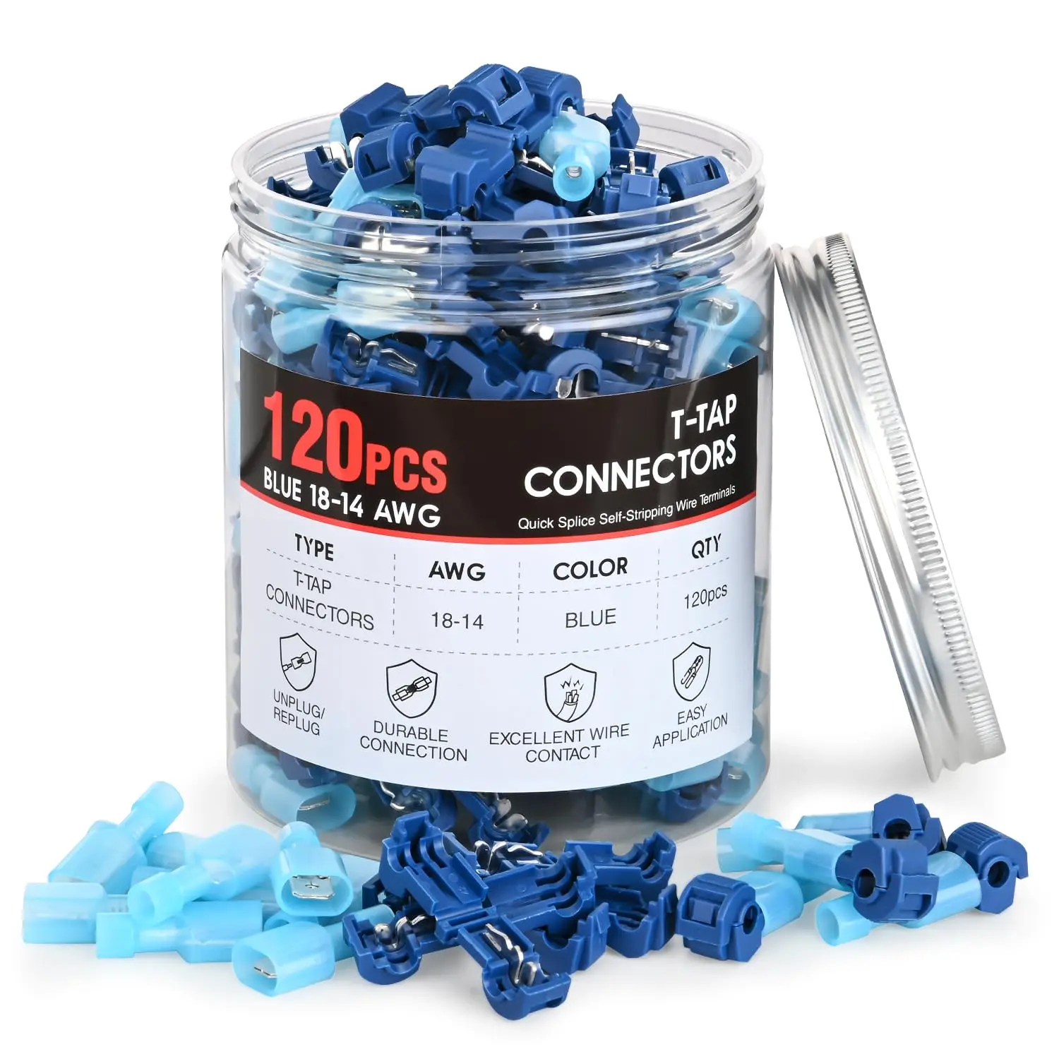Nilight Marine Safe Quick Tap Wire Terminals Kit - 120PCS/60 Pairs 16-14 AWG Blue Fully Insulated Snap-On Male and Female Spade Terminals, Tinned Copper Self-Stripping Crimp Disconnects for Automotive, Home Wiring