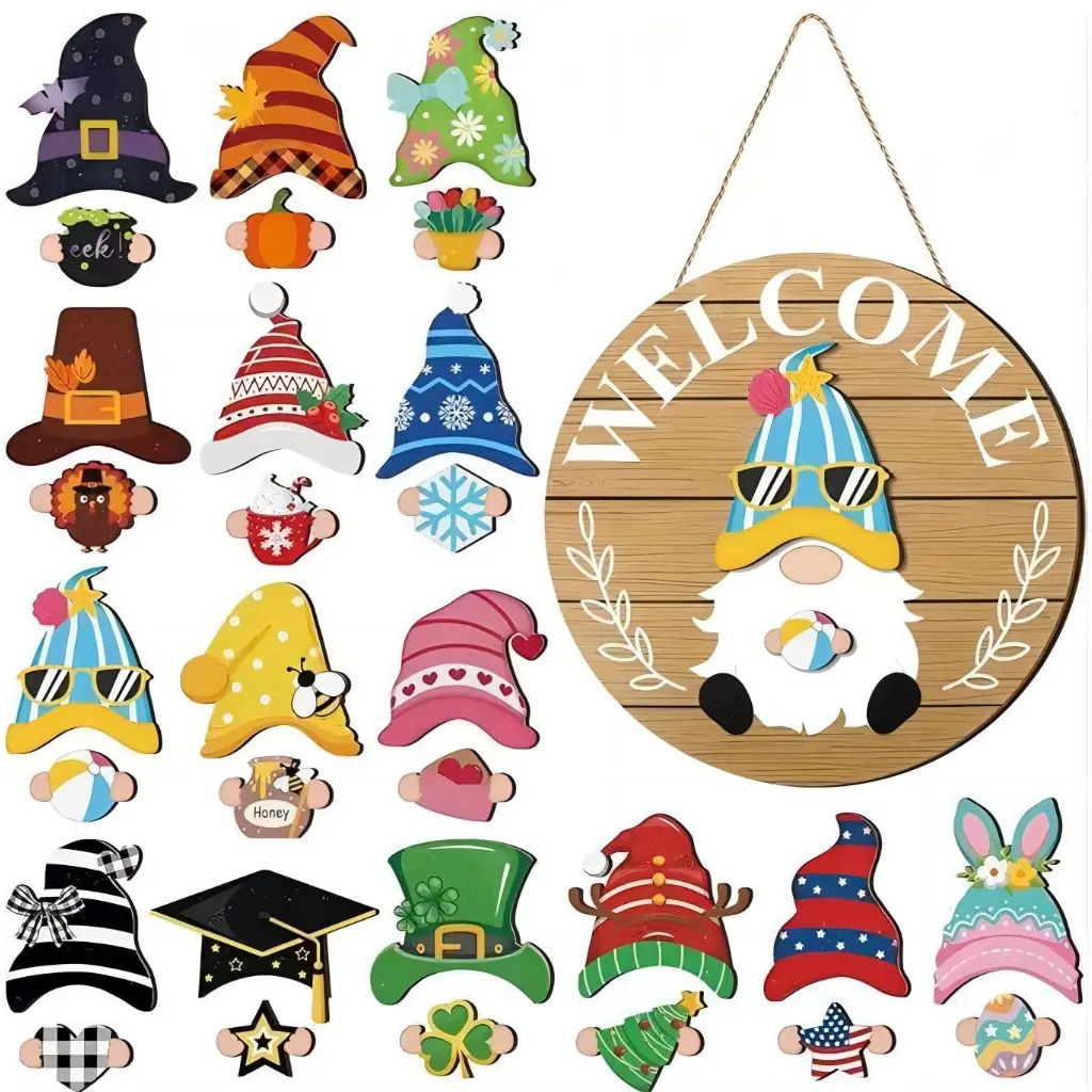 【Year-Round Home Decor】31Pcs Interchangeable Gnome Welcome Sign for Door Decorations, Wooden Gnome Sign with Magnetic Detachable Hats and Hands, Festive Gnome Figures with Expressive Faces, Hanging Loop for Christmas, New Year, Easter