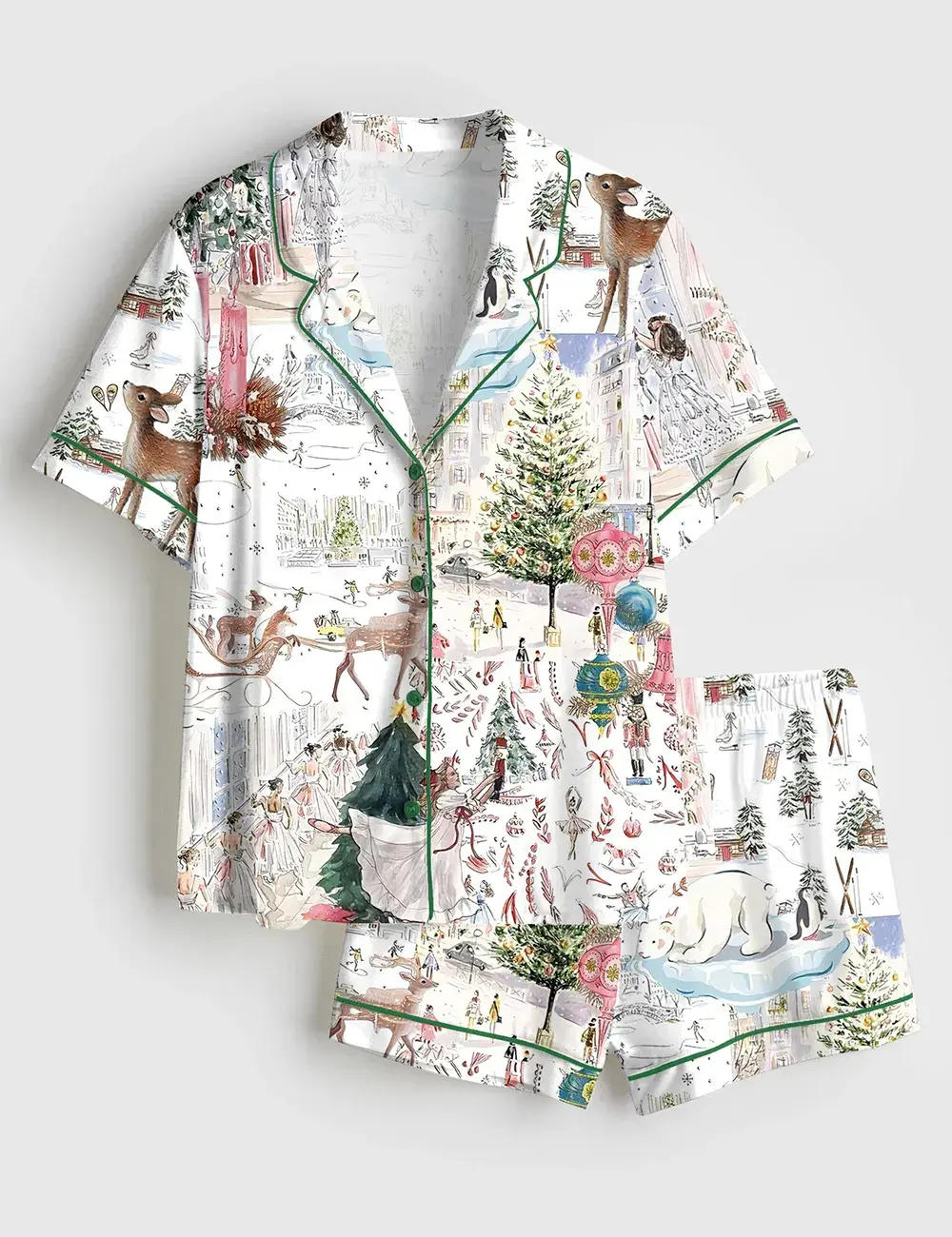 Women’s White Christmas Ballet Christmas Tree Elk Short and Long Sleeve Satin Pajama Set