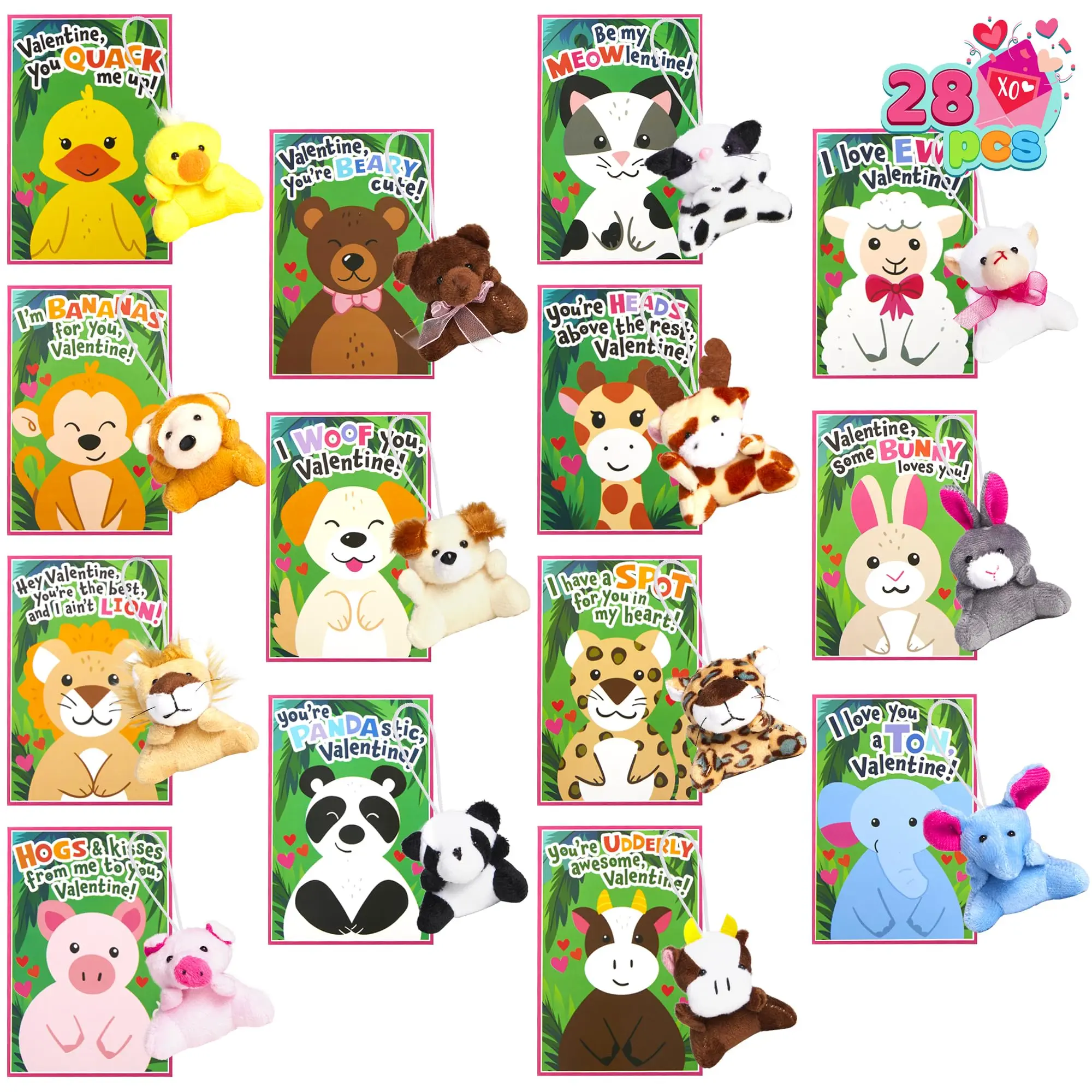 JOYIN 28 Pack Valentine's Day Gifts Cards for Kids with Animal Plush Toy Key Chain Stress Relief Fidget Toy for Classroom Exchange Cards and Kids Party Favor