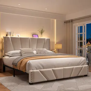 Raybee Queen King Full LED Bed Frame with USB Power Outlet, NO MATTRESS, Platform Luxury Upholstered Bed Frames with Adjustable Headboard & Storage Shelf, Velvet Fabric & Sturdy Metal Frame, Modern Bedroom Furniture, Easy Assembly, No Noise, Holds 880LBS