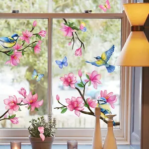 Bird & Flower Pattern Window Sticker, 4 Counts/set Double Sided Removable Window Decal, Decorative Sticker for Home Living Room Bedroom, Window Decorations Supplies, Ornaments