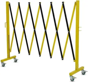 12FT Expandable Metal Barricade with Wheels Folding Retractable Security Barrier Gate for Construction Sites, Garages & Elevators Heavy Duty Portable Safety Fence with Warning Board