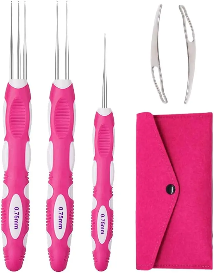 Dreadlocks Crochet Hooks with Ergonomic Handle – 0.75mm Hair Needle, Braid Locking Tool, 3-in-1 Crochet Hook Set for Dreadlock Maintenance & Hair Braiding