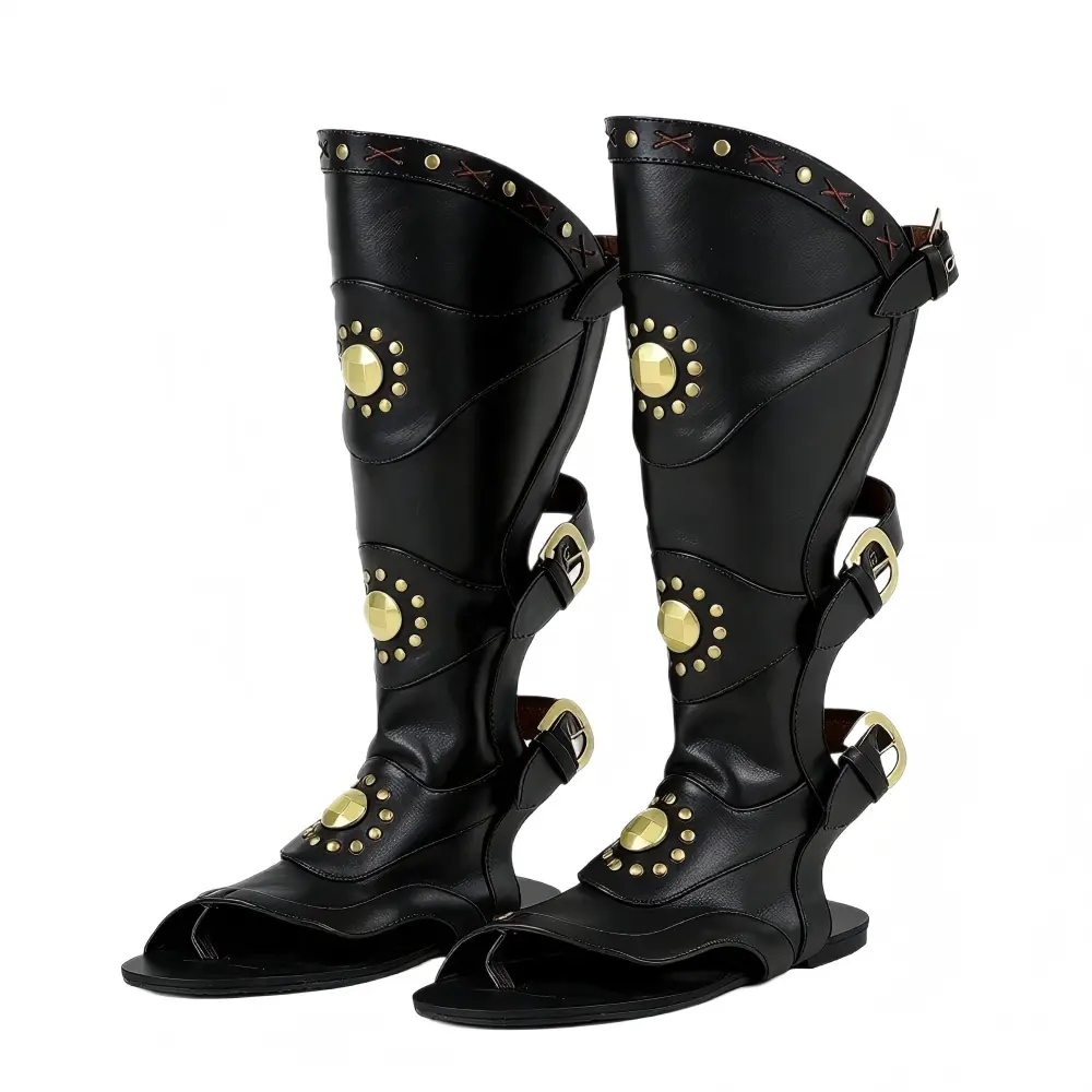 Men's Roman Gladiator Tall Tube Sandals - PU Leather Menswear Renaissance Statement Shoes with Rivets, Adjustable Buckles & Straps for Medieval Costume Parties, Adjustable Strap, Historical/Period, Gladiator Tube Look, Decor
