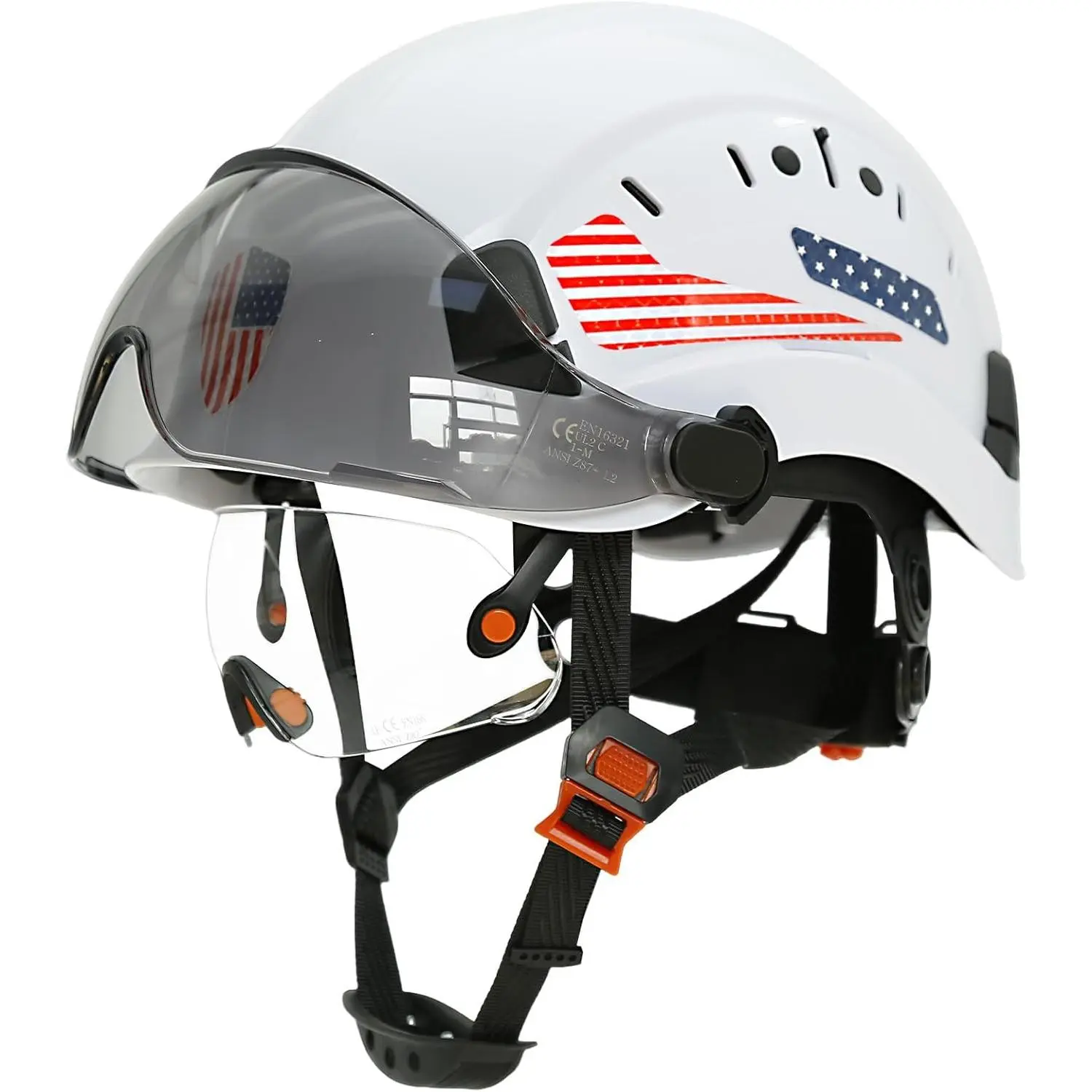 ABS Plastic Vented Hard Hat - 6-Point Suspension, Adjustable Airflow, 1.6 lbs, Anti-Glare Dual Visor, Sunglasses, Carbon Fiber Accent, 12 Color Options, Lightweight All-Seasons Safety Cap with Reflective Stickers for Chainsaw Arborist Work