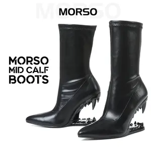 CYNLLIO Morso Mid Calf Boots for Womens Closed Pointed Toe Metalic Tiger Teeth Elegant Hollow-Shaped Metallic Heeled Pointed Toe Boots Heeled Comfy Shark Teeth Boot Parties Concerts Spring Club Out Going Shoes