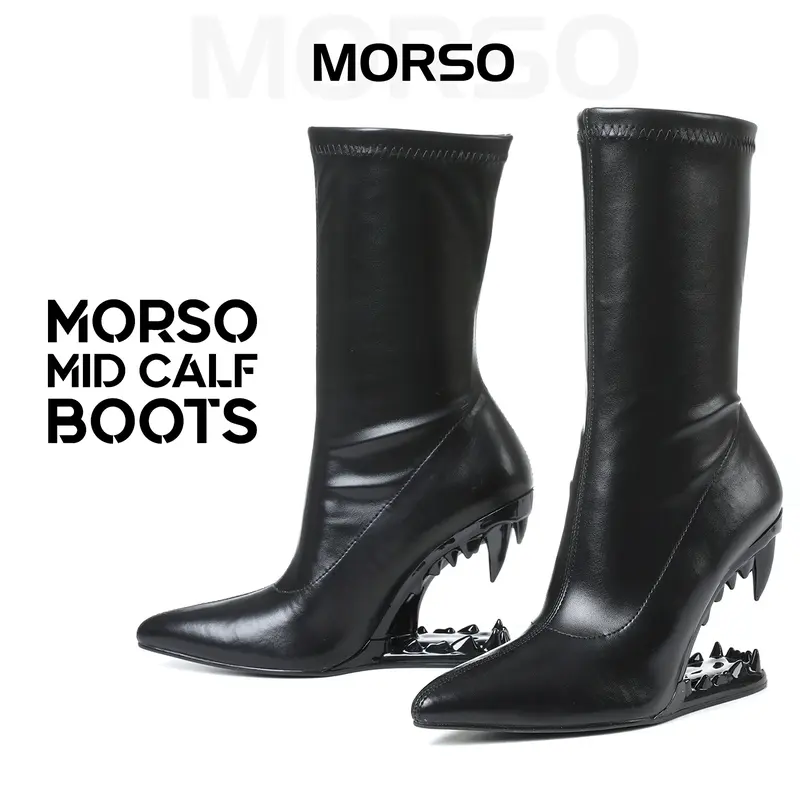 CYNLLIO Morso Mid Calf Boots for Womens Closed Pointed Toe Metalic Tiger Teeth Elegant Hollow-Shaped Metallic Heeled Pointed Toe Boots Heeled Comfy Shark Teeth Boot Parties Concerts Club Out Going Fall Shoes