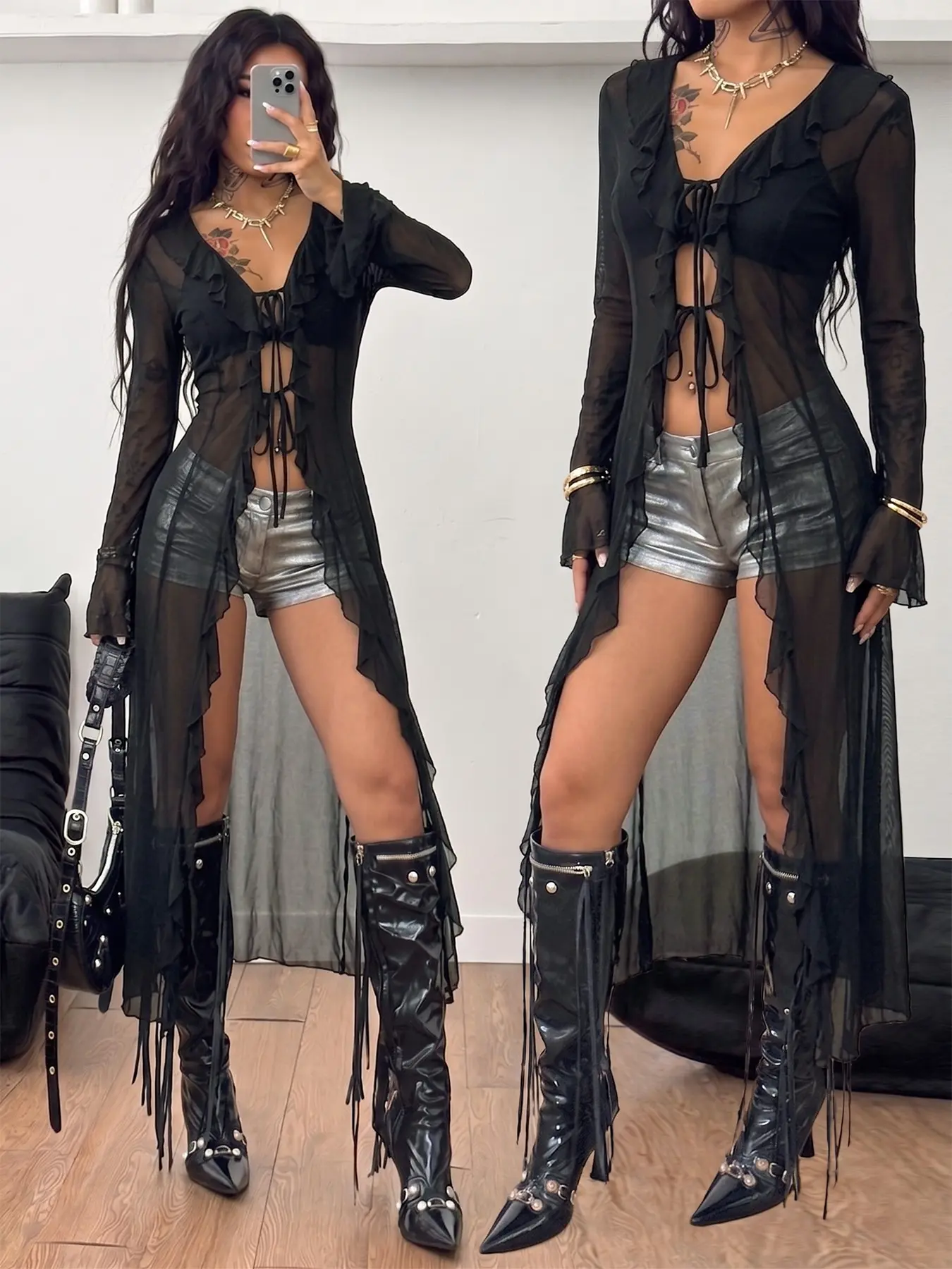 Elegant Ruffled Lace-Up Long Sleeve Outerwear, Womenswear, Western Style Women's Top, Casual Elegant Daily Wear, Y2K Millennial Fashion, All-Season Jacket
