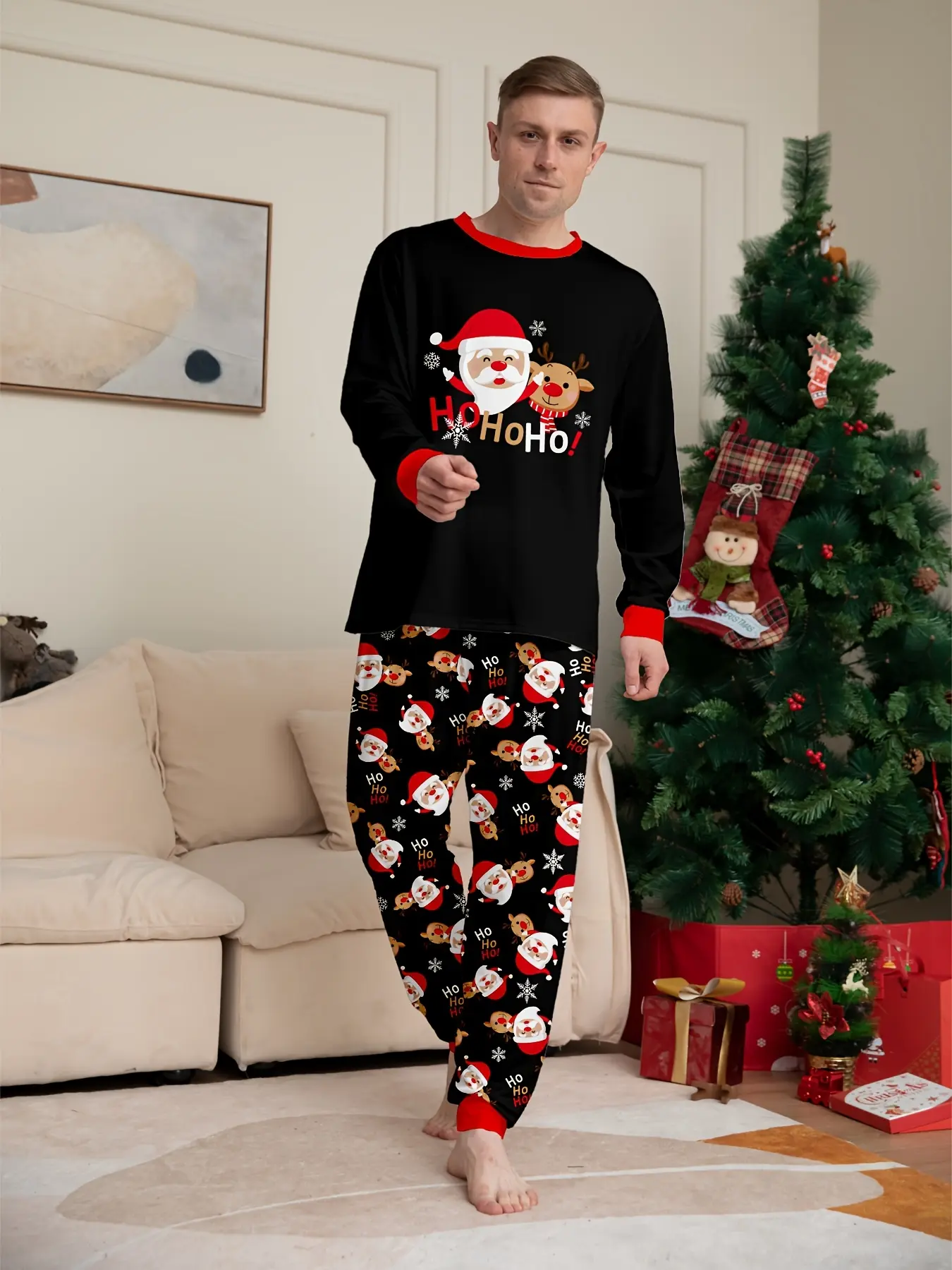 Christmas Day Autumn and Winter Men's New Festive Pajamas 2-piece Set Santa Claus Christmas Elk Fashion Printed Crew Neck Long Sleeve Top and Full Flower Pants 2 Loungewear Pyjamas Pjs Nightwear