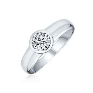 Modern Simple 1CT Cubic Zirconia CZ Bezel Set Round Solitaire Engagement Ring .925 Sterling Silver