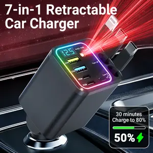 Nuokaiqi Ultimate 7-in-1 Car Charger: Auto-Retractable Cables, Star Projection Light & 30-Min Fast Charge,4 Ports Fast USB-A&USB-C,with RGB Ambient Light, Road Trip Essentials、Digital Voltage Display Car Phone Charger Adapter for All Cars