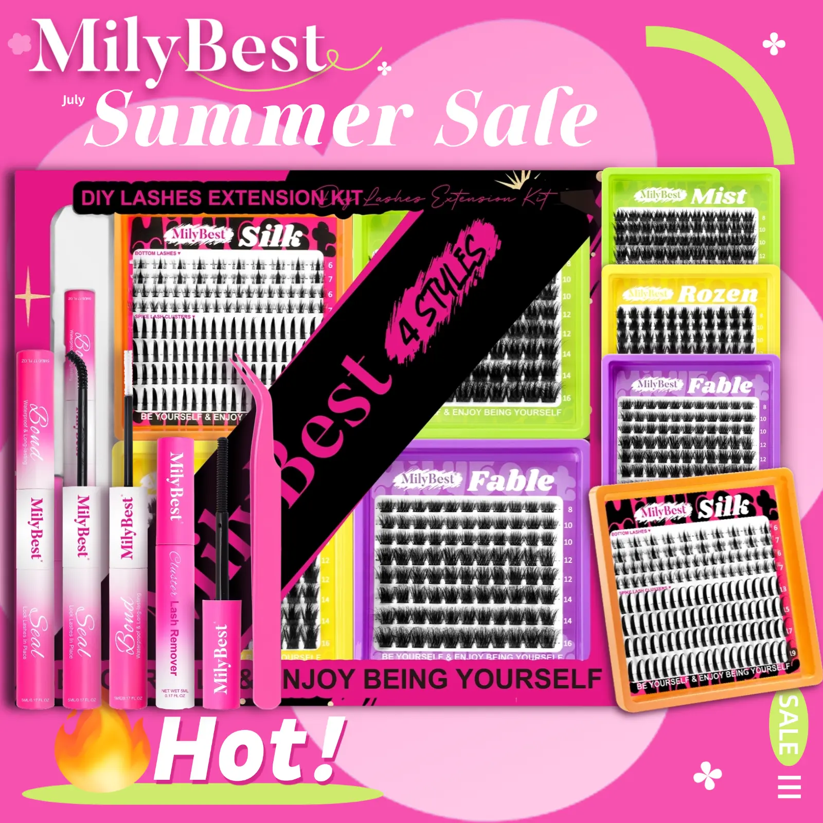 MilyBest 4Style Mini Boxes,1 Set Mixed Length Individval Eyelash Extensions Kit,Self Grafting False Eyelashes with Tweezers&Glue&Remover,Prefessional Eye Makeup Accessories for Women