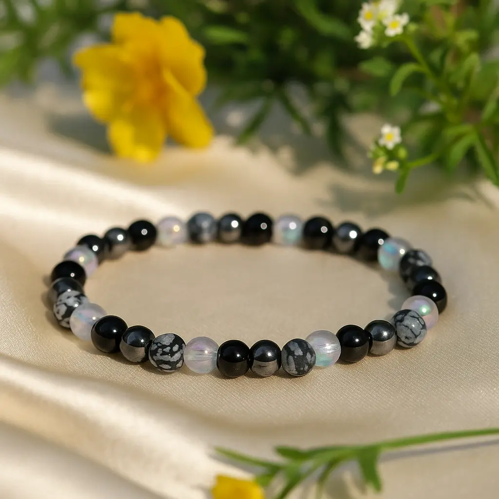 Snowflake Obsidian Black Tourmaline Aura Quartz Hematite Bracelet Stretch Beads Jewelry