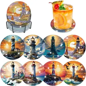8 Piece Diamond Painting Coaster Set with Lighthouse Pattern and Stand, DIY Art Craft Kit for Beginners, Unique Gift for Home Decor, Birthday, Coffee Bar Mat