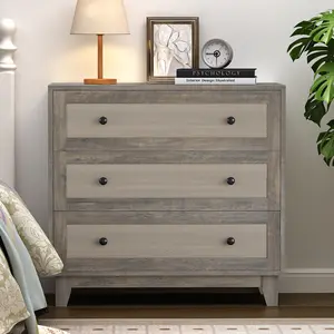 3 Drawer Dresser for Bedroom, Boho Small Natural Rattan Closet Dressers Chest of Drawers, Modern Wood Clothes Storage Organizer with Wooden Feet and Handles for Hallway, Living Room, Entryway