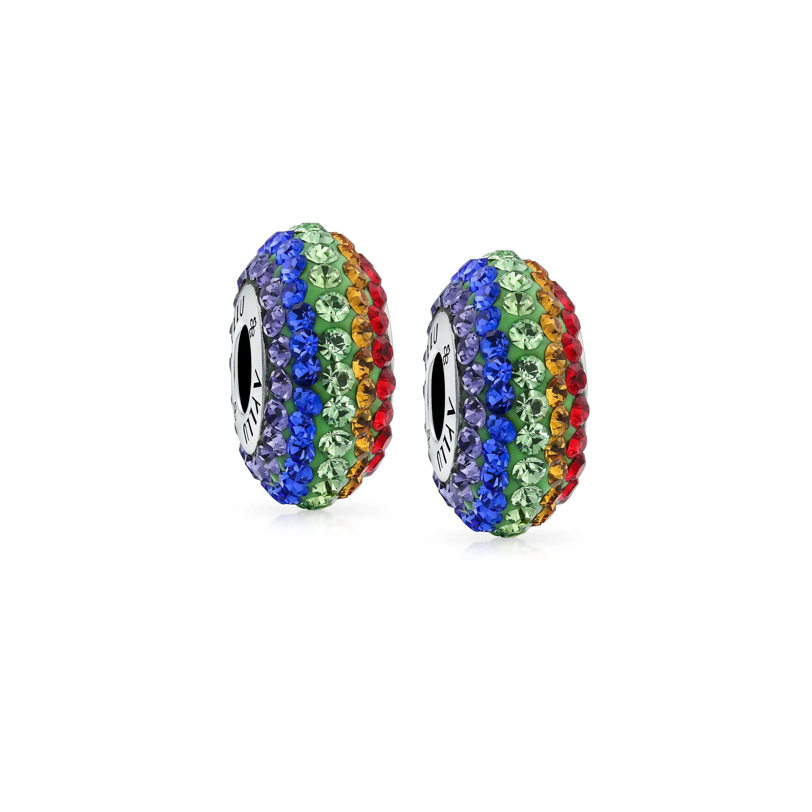 Sterling Silver Colorful Crystal LGBTQ Rights Symbol Rainbow Spacer Charm Bead for Bracelet (Set)