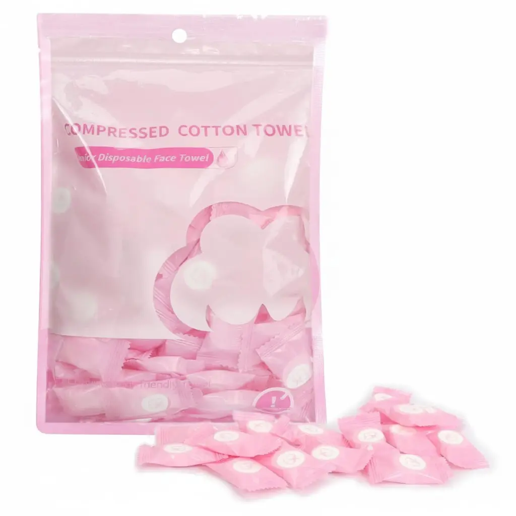 100 PCS Compressed Towels Mini Disposable Cotton  Portable Coin Tissue Wipes for Travel Camping Hiking Sports Beauty Outdoor Home Use Eco-Friendly Pink Face Towels