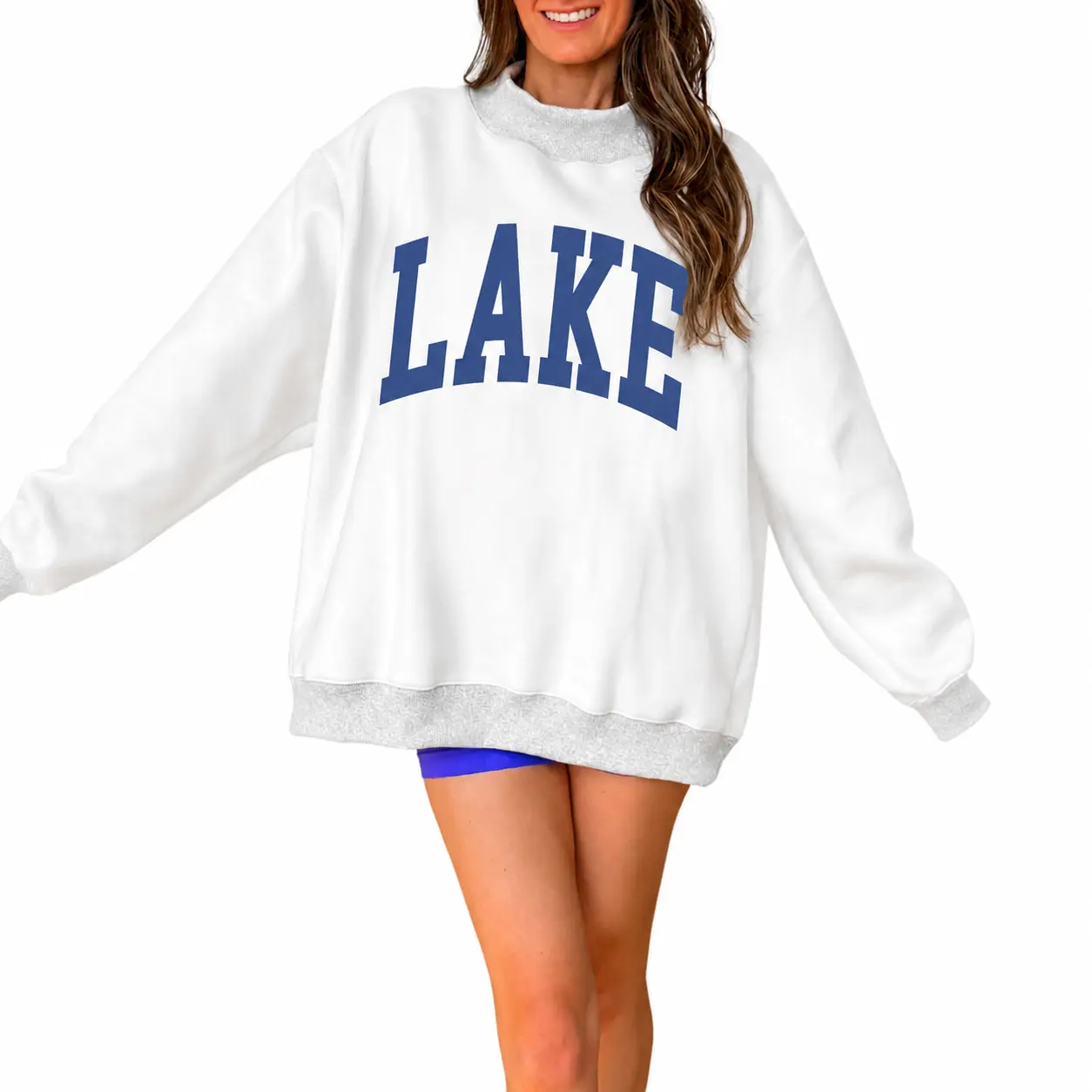 PHEFEE Women's Reversible Graphic Sweatshirt Mock Neck Long Sleeve Oversized Pullover Casual Letter Print Top for Fall Beach Everyday