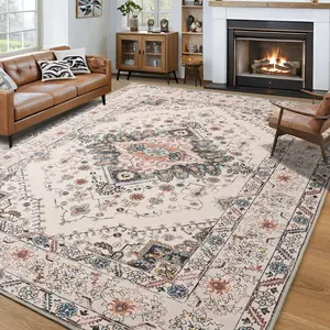 Beige Machine Washable Vintage Area Rug Non-Slip Low Pile Large Rug For Living Room, Bedroom, Farmhouse, Dining Room, 5x8, 7x10, 9x11 Feet