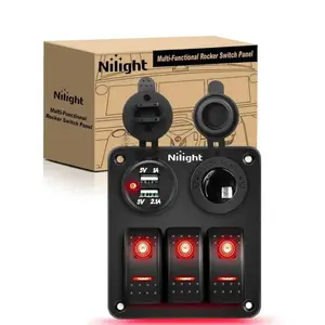 Nilight 3Gang Aluminum 5Pin ON/Off Red Rocker Switch Panel w/ Dual USB Charger | Socket
