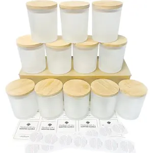 12Pack 10 oz Frosted Glass Candle Jars with  Lids for Making Candles Empty Candle Tins with Wooden Lids, Bulk Clean Candle Containers - Dishwasher Safe